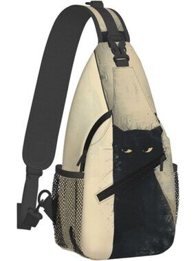 Unisex Cream Black Butterfly Sling Backpack Hiking Chest Shoulder Crossbody Bag